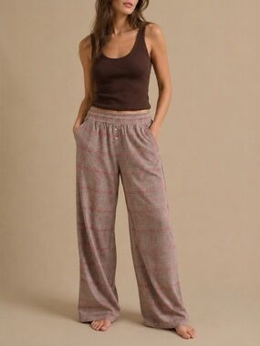Aerie Tan Red Plaid Wide Leg Pajama Lounge Pants Leopard Waistband M Cozycore